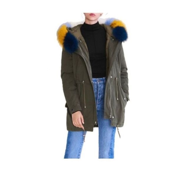 Maje Fox Fur Collar Pockets Cotton Lined Parka Coat Womens Khaki Size - Picture 1 of 15